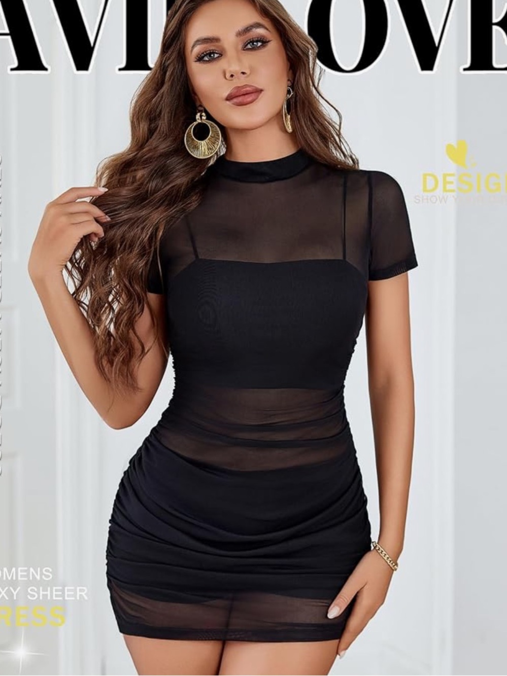 Avidlove NWOT S (juniors) MESH Sheer Mock Neck Ruched Body-con COVERUP DRESS - Picture 2 of 6